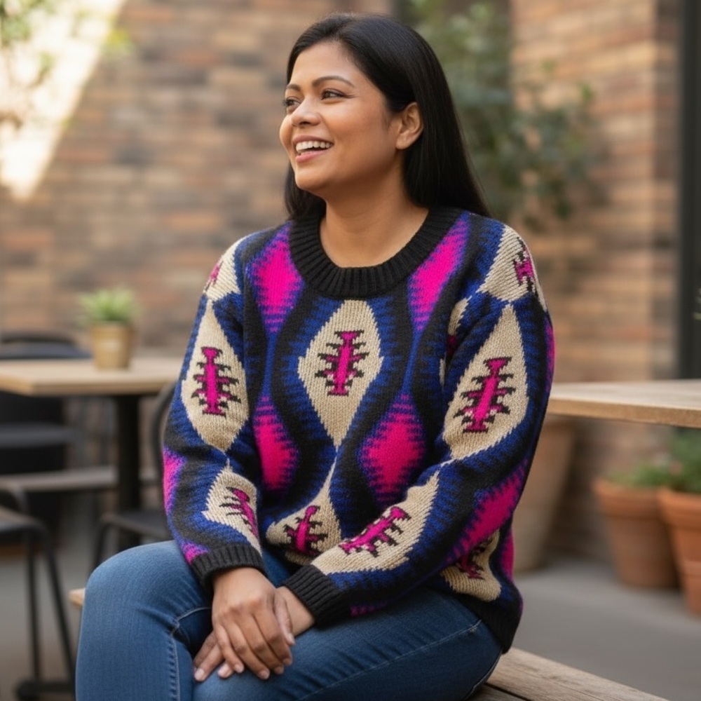 Lulumari Aztec Tribal Knit Sweater Pink Blue Cream One Size